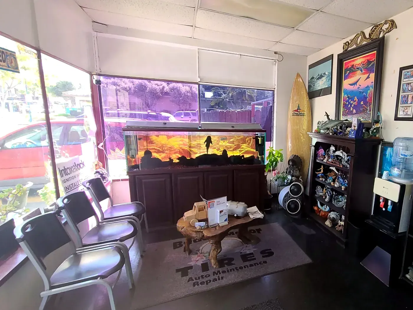 The waiting area: fish tank, surfboard and the dolphin collection